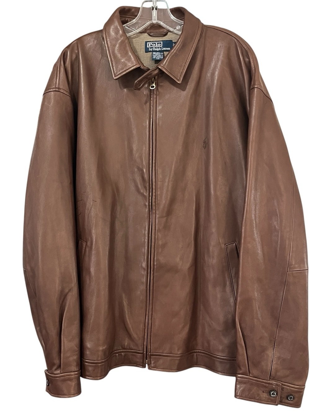 Vintage 90s Polo Ralph Lauren Leather Harrington Jacket XXL Brown Plaid Lining